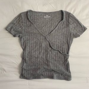 Gray Ribbed Wrap-Front Top